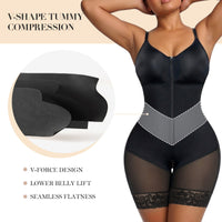 V-Panel Side Bust Padded Front Zip Mid-Thigh Faja Bodysuit