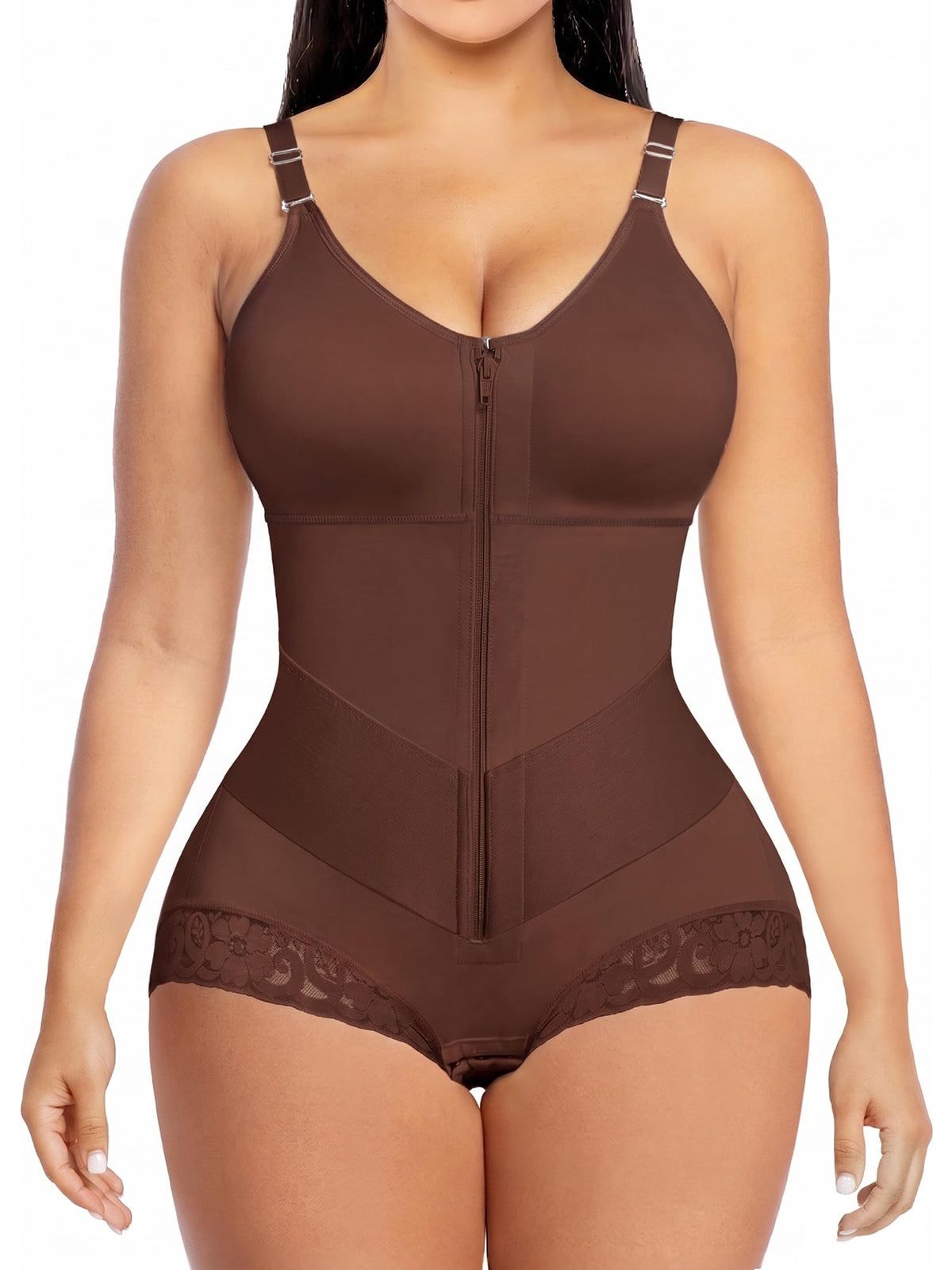 V-Panel Tummy Control Front Zip Brief Cut Faja Bodysuit